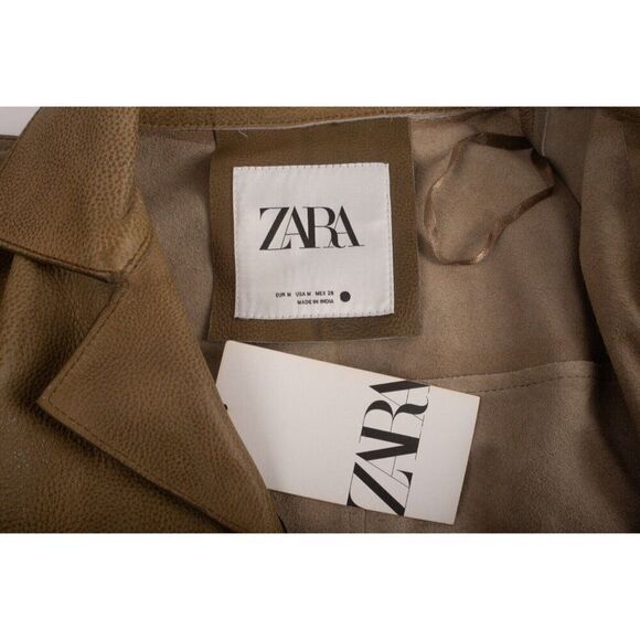 Zara Womens Leather Coat Jacket Straight Cut M Olive Green 2521/240 NWT $349 - Picture 6 of 6